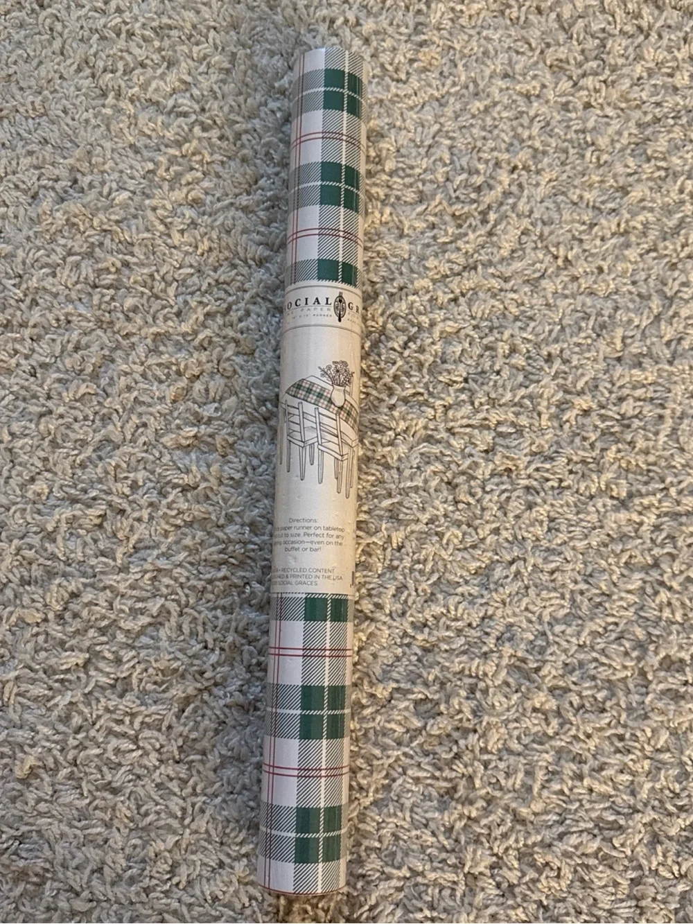 Social Graces Green, cream & red Plaid Table Cover Roll - Party Table Runner